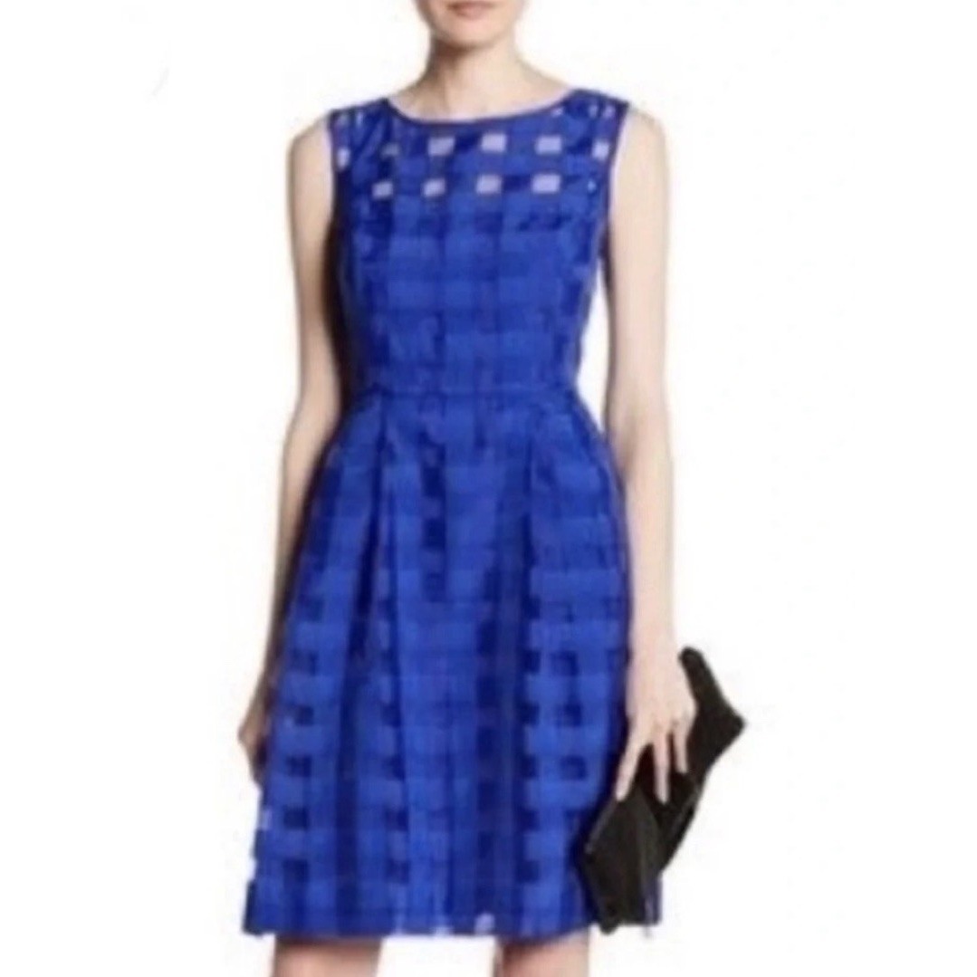 Ellen Tracy Womens Size 10 Royal Blue Fit & Flare Dress Sheer Overlay Lined Nwt